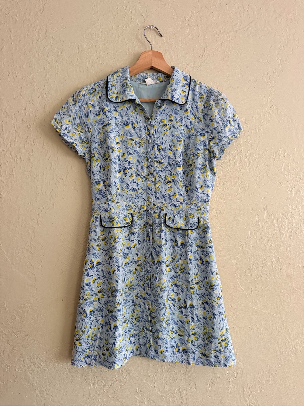 Light Blue Floral Midi Dress with Yellow and Navy Details